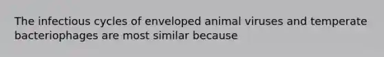 The infectious cycles of enveloped animal viruses and temperate bacteriophages are most similar because