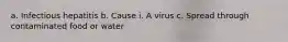 a. Infectious hepatitis b. Cause i. A virus c. Spread through contaminated food or water