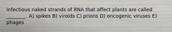 Infectious naked strands of RNA that affect plants are called ________. A) spikes B) viroids C) prions D) oncogenic viruses E) phages