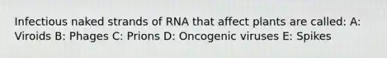 Infectious naked strands of RNA that affect plants are called: A: Viroids B: Phages C: Prions D: Oncogenic viruses E: Spikes