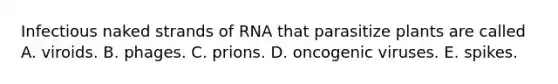 Infectious naked strands of RNA that parasitize plants are called A. viroids. B. phages. C. prions. D. oncogenic viruses. E. spikes.