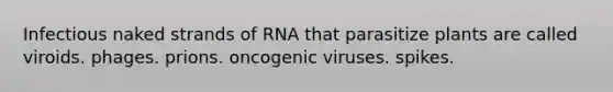 Infectious naked strands of RNA that parasitize plants are called viroids. phages. prions. oncogenic viruses. spikes.