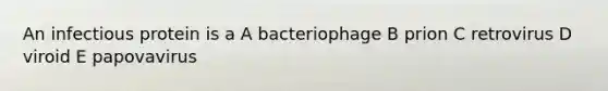 An infectious protein is a A bacteriophage B prion C retrovirus D viroid E papovavirus