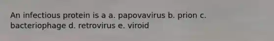 An infectious protein is a a. papovavirus b. prion c. bacteriophage d. retrovirus e. viroid