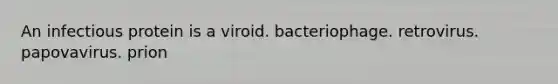 An infectious protein is a viroid. bacteriophage. retrovirus. papovavirus. prion