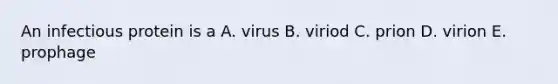 An infectious protein is a A. virus B. viriod C. prion D. virion E. prophage