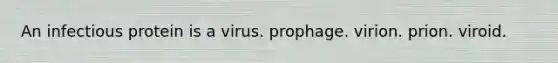 An infectious protein is a virus. prophage. virion. prion. viroid.