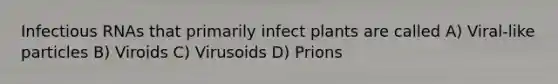 Infectious RNAs that primarily infect plants are called A) Viral-like particles B) Viroids C) Virusoids D) Prions