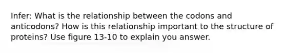 Infer: What is the relationship between the codons and anticodons? How is this relationship important to the structure of proteins? Use figure 13-10 to explain you answer.