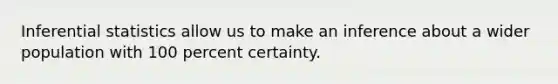 <a href='https://www.questionai.com/knowledge/k2VaKZmkPW-inferential-statistics' class='anchor-knowledge'>inferential statistics</a> allow us to make an inference about a wider population with 100 percent certainty.