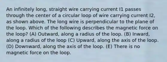 An infinitely long, straight wire carrying current I1 passes through the center of a circular loop of wire carrying current I2, as shown above. The long wire is perpendicular to the plane of the loop. Which of the following describes the magnetic force on the loop? (A) Outward, along a radius of the loop. (B) Inward, along a radius of the loop (C) Upward, along the axis of the loop. (D) Downward, along the axis of the loop. (E) There is no magnetic force on the loop.