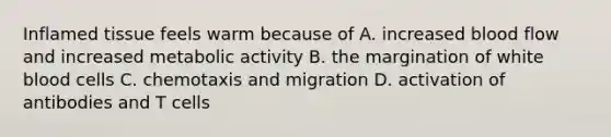 Inflamed tissue feels warm because of A. increased blood flow and increased metabolic activity B. the margination of white blood cells C. chemotaxis and migration D. activation of antibodies and T cells