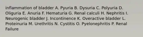 inflammation of bladder A. Pyuria B. Dysuria C. Polyuria D. Oliguria E. Anuria F. Hematuria G. Renal calculi H. Nephritis I. Neurogenic bladder J. Incontinence K. Overactive bladder L. Proteinuria M. Urethritis N. Cystitis O. Pyelonephritis P. Renal Failure