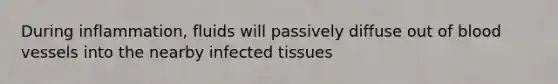 During inflammation, fluids will passively diffuse out of blood vessels into the nearby infected tissues