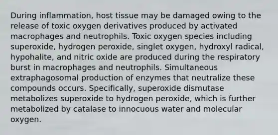 During inflammation, host tissue may be damaged owing to the release of toxic oxygen derivatives produced by activated macrophages and neutrophils. Toxic oxygen species including superoxide, hydrogen peroxide, singlet oxygen, hydroxyl radical, hypohalite, and nitric oxide are produced during the respiratory burst in macrophages and neutrophils. Simultaneous extraphagosomal production of enzymes that neutralize these compounds occurs. Specifically, superoxide dismutase metabolizes superoxide to hydrogen peroxide, which is further metabolized by catalase to innocuous water and molecular oxygen.