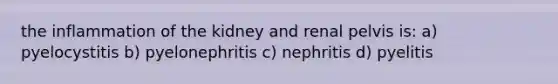 the inflammation of the kidney and renal pelvis is: a) pyelocystitis b) pyelonephritis c) nephritis d) pyelitis