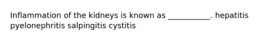 Inflammation of the kidneys is known as ___________. hepatitis pyelonephritis salpingitis cystitis