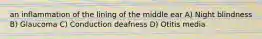 an inflammation of the lining of the middle ear A) Night blindness B) Glaucoma C) Conduction deafness D) Otitis media