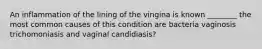 An inflammation of the lining of the vingina is known ________ the most common causes of this condition are bacteria vaginosis trichomoniasis and vaginal candidiasis?