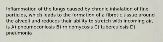 Inflammation of the lungs caused by chronic inhalation of fine particles, which leads to the formation of a fibrotic tissue around the alveoli and reduces their ability to stretch with incoming air, is A) pneumoconiosis B) rhinomycosis C) tuberculosis D) pneumonia