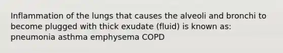 Inflammation of the lungs that causes the alveoli and bronchi to become plugged with thick exudate (fluid) is known as: pneumonia asthma emphysema COPD