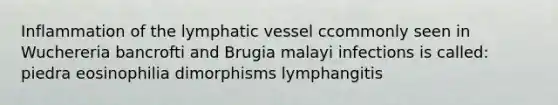 Inflammation of the lymphatic vessel ccommonly seen in Wuchereria bancrofti and Brugia malayi infections is called: piedra eosinophilia dimorphisms lymphangitis