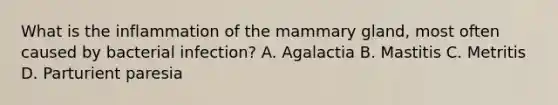 What is the inflammation of the mammary gland, most often caused by bacterial infection? A. Agalactia B. Mastitis C. Metritis D. Parturient paresia