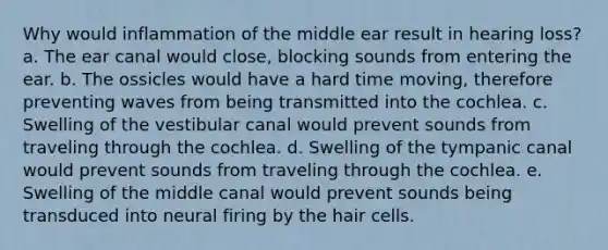 Why would inflammation of the middle ear result in hearing loss? a. The ear canal would close, blocking sounds from entering the ear. b. The ossicles would have a hard time moving, therefore preventing waves from being transmitted into the cochlea. c. Swelling of the vestibular canal would prevent sounds from traveling through the cochlea. d. Swelling of the tympanic canal would prevent sounds from traveling through the cochlea. e. Swelling of the middle canal would prevent sounds being transduced into neural firing by the hair cells.