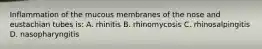 Inflammation of the mucous membranes of the nose and eustachian tubes is: A. rhinitis B. rhinomycosis C. rhinosalpingitis D. nasopharyngitis