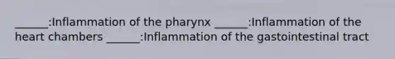 ______:Inflammation of the pharynx ______:Inflammation of the heart chambers ______:Inflammation of the gastointestinal tract