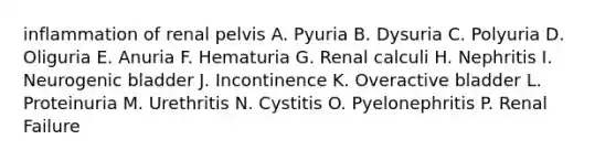 inflammation of renal pelvis A. Pyuria B. Dysuria C. Polyuria D. Oliguria E. Anuria F. Hematuria G. Renal calculi H. Nephritis I. Neurogenic bladder J. Incontinence K. Overactive bladder L. Proteinuria M. Urethritis N. Cystitis O. Pyelonephritis P. Renal Failure