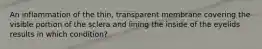 An inflammation of the thin, transparent membrane covering the visible portion of the sclera and lining the inside of the eyelids results in which condition?