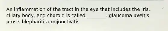 An inflammation of the tract in the eye that includes the iris, ciliary body, and choroid is called ________. glaucoma uveitis ptosis blepharitis conjunctivitis