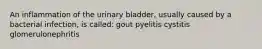 An inflammation of the urinary bladder, usually caused by a bacterial infection, is called: gout pyelitis cystitis glomerulonephritis