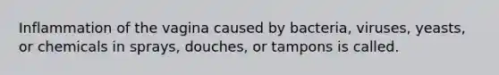 Inflammation of the vagina caused by bacteria, viruses, yeasts, or chemicals in sprays, douches, or tampons is called.