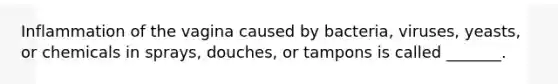 Inflammation of the vagina caused by bacteria, viruses, yeasts, or chemicals in sprays, douches, or tampons is called _______.