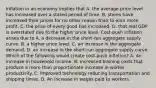 Inflation in an economy implies that A. the average price level has increased over a stated period of time. B. stores have increased their prices for no other reason than to earn more profit. C. the price of every good has increased. D. that real GDP is overstated due to the higher price level. ​Cost-push inflation arises due to A. a decrease in the​ short-run aggregate supply curve. B. a higher price level. C. an increase in the aggregate demand. D. an increase in the​ short-run aggregate supply curve. Which of the following would create​ cost-push inflation? A. An increase in household income. B. Increased training costs that produce a more than proportionate increase in worker productivity. C. Improved technology reducing transportation and shipping times. D. An increase in wages paid to workers.