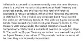 Inflation is expected to increase steadily over the next 10 years, there is a positive maturity risk premium on both Treasury and corporate bonds, and the real risk-free rate of interest is expected to remain constant. Which of the following statements is CORRECT? A. The yield on any corporate bond must exceed the yields on all Treasury bonds. B. The yield on 7-year corporate bonds must exceed the yield on 10-year Treasury bonds. C. The Treasury yield curve under the stated conditions would be humped rather than have a consistent positive or negative slope. D. The yield on 10-year Treasury securities must exceed the yield on 7-year Treasury securities. E. The stated conditions cannot all be true- they are internally inconsistent.