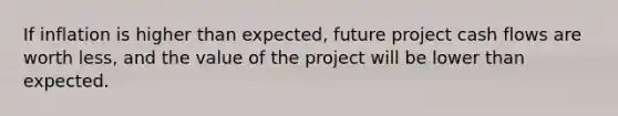 If inflation is higher than expected, future project cash flows are worth less, and the value of the project will be lower than expected.