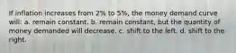 If inflation increases from 2% to 5%, the money demand curve will: a. remain constant. b. remain constant, but the quantity of money demanded will decrease. c. shift to the left. d. shift to the right.