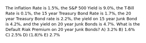 The inflation Rate is 1.5%, the S&P 500 Yield is 9.0%, the T-Bill Rate is 0.1%, the 15 year Treasury Bond Rate is 1.7%, the 20 year Treasury Bond rate is 2.2%, the yield on 15 year Junk Bond is 4.2%, and the yield on 20 year Junk Bonds is 4.7%. What is the Default Riak Premium on 20 year Junk Bonds? A) 3.2% B) 1.6% C) 2.5% D) (1.8)% E) 2.7%