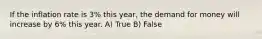 If the inflation rate is 3% this year, the demand for money will increase by 6% this year. A) True B) False