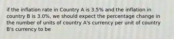 if the inflation rate in Country A is 3.5% and the inflation in country B is 3.0%, we should expect the percentage change in the number of units of country A's currency per unit of country B's currency to be