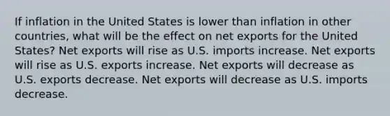 If inflation in the United States is lower than inflation in other countries, what will be the effect on net exports for the United States? Net exports will rise as U.S. imports increase. Net exports will rise as U.S. exports increase. Net exports will decrease as U.S. exports decrease. Net exports will decrease as U.S. imports decrease.