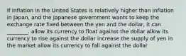 If inflation in the United States is relatively higher than inflation in Japan, and the Japanese government wants to keep the exchange rate fixed between the yen and the dollar, it can ________. allow its currency to float against the dollar allow its currency to rise against the dollar increase the supply of yen in the market allow its currency to fall against the dollar