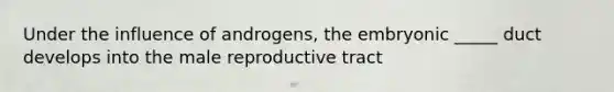 Under the influence of androgens, the embryonic _____ duct develops into the male reproductive tract