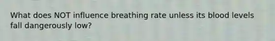 What does NOT influence breathing rate unless its blood levels fall dangerously low?