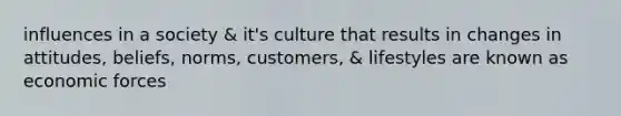 influences in a society & it's culture that results in changes in attitudes, beliefs, norms, customers, & lifestyles are known as economic forces