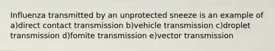 Influenza transmitted by an unprotected sneeze is an example of a)direct contact transmission b)vehicle transmission c)droplet transmission d)fomite transmission e)vector transmission