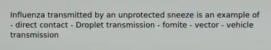 Influenza transmitted by an unprotected sneeze is an example of - direct contact - Droplet transmission - fomite - vector - vehicle transmission